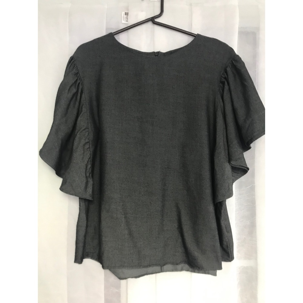 illo Charcoal Gray Flutter Sleeve Blouse Round Neck Textured Top Made in Korea‎